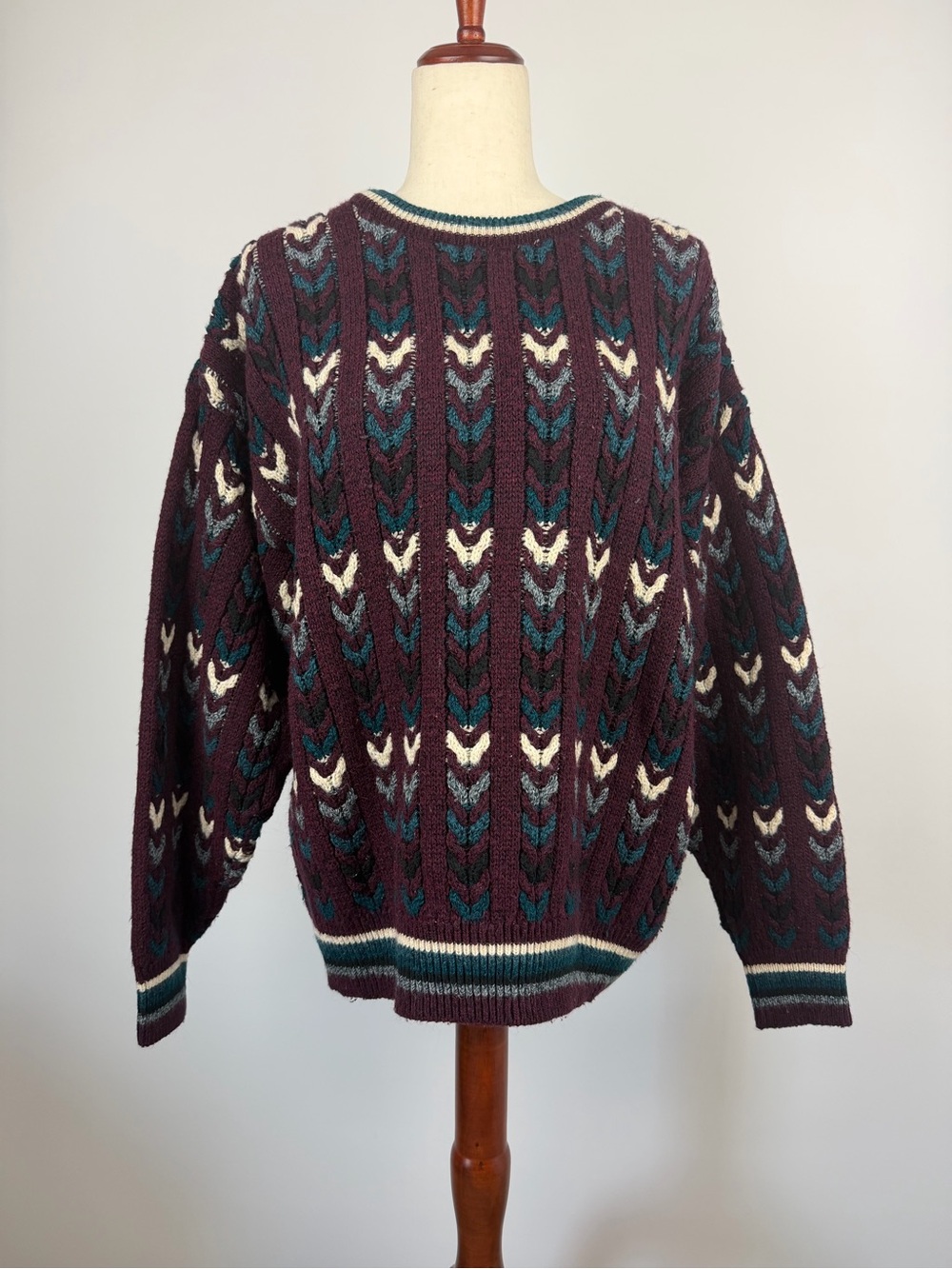 Vintage 90s Burgundy Patterned Cosby Style Knit Sweater Size L